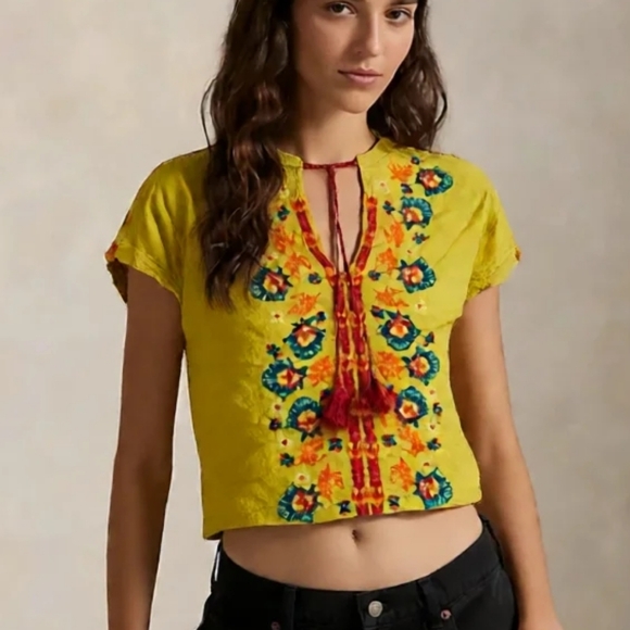 NATURAL LIFE Tops - NATURAL LIFE Yellow Embroidered Blouse